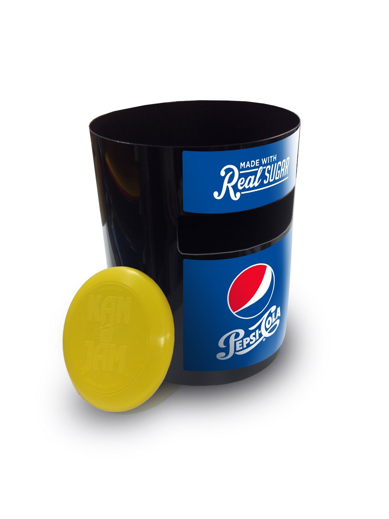 black can with blue pepsi logo and yellow frisbee